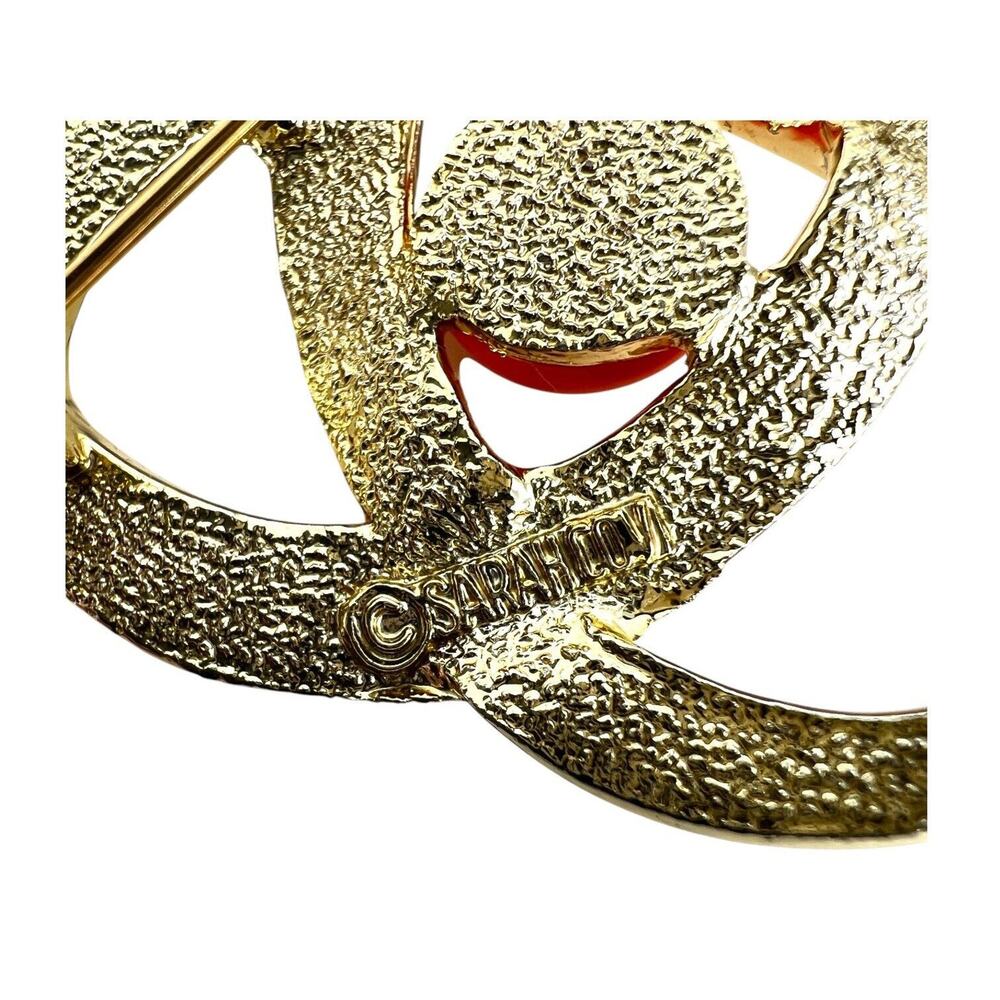 Sarah Coventry Brooch Orbit Faux Coral Orange Bead Textured Gold Tone Atomic Vtg - Picture 3 of 5